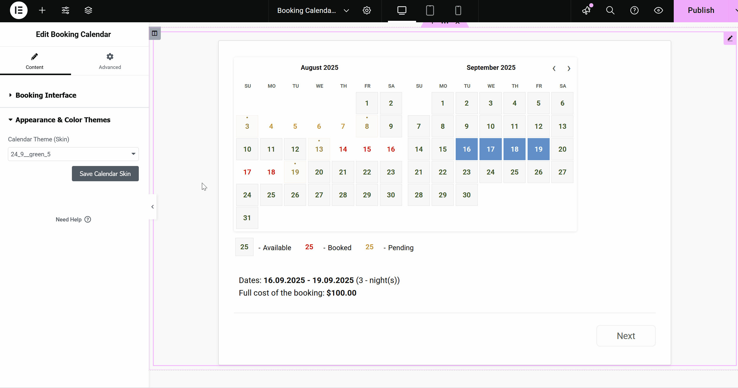 Booking Calendar Elementor Widget - change Theme.