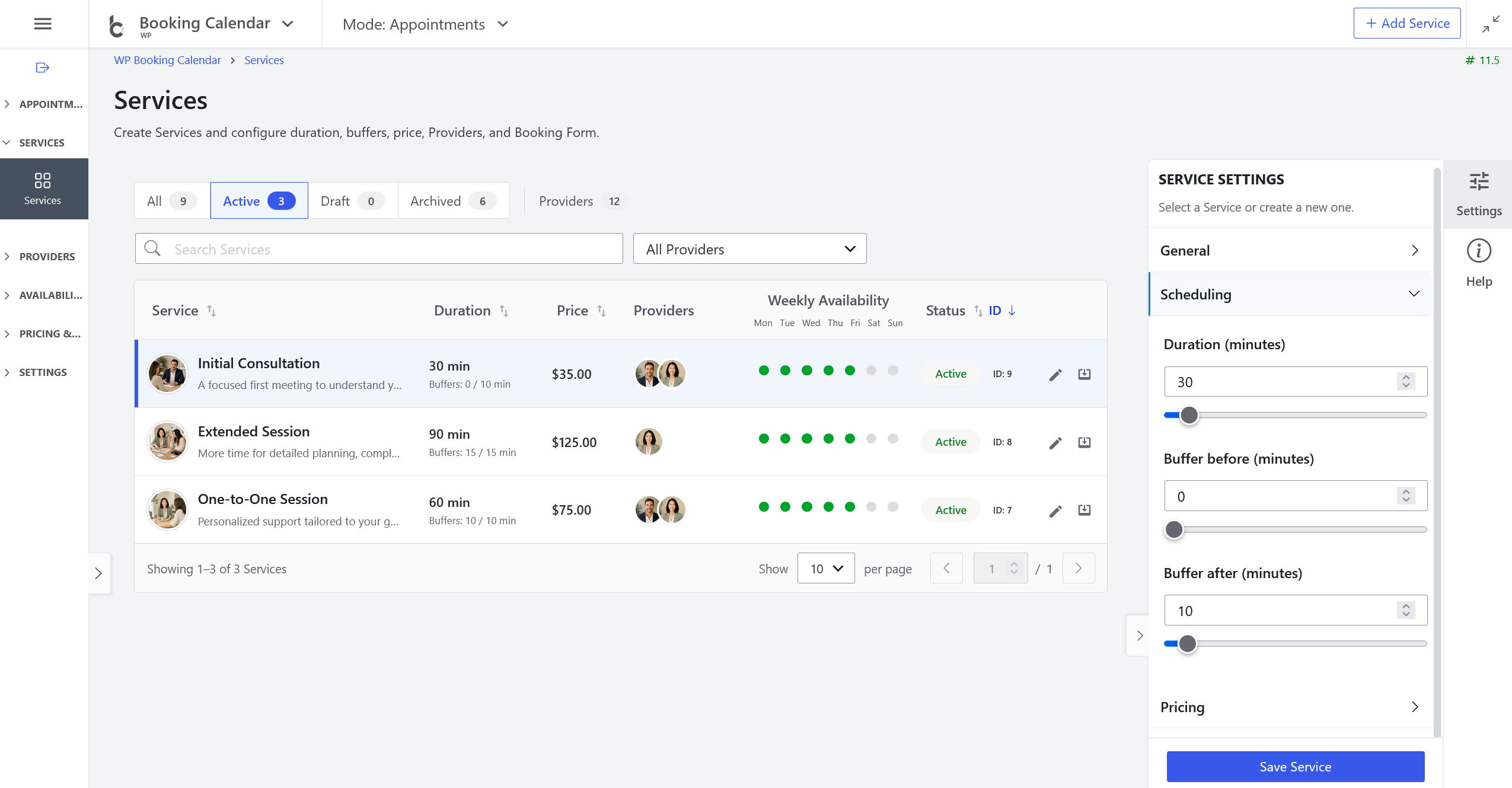 Services setup  for the Appointment Flow in WP  Booking Calendar