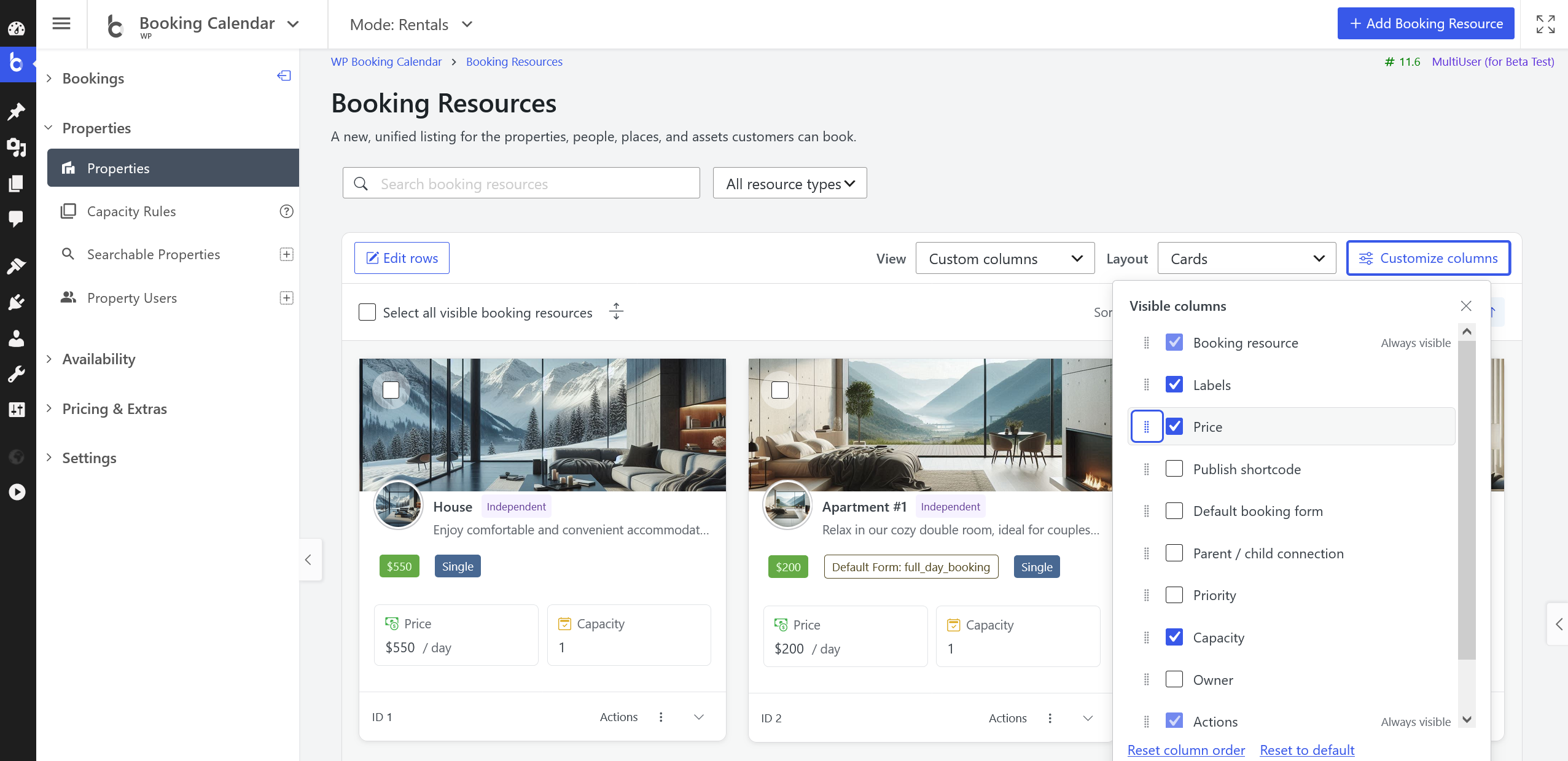 Booking Resources catalog comparing Default, Compact, and Cards layouts and the Customize columns panel.