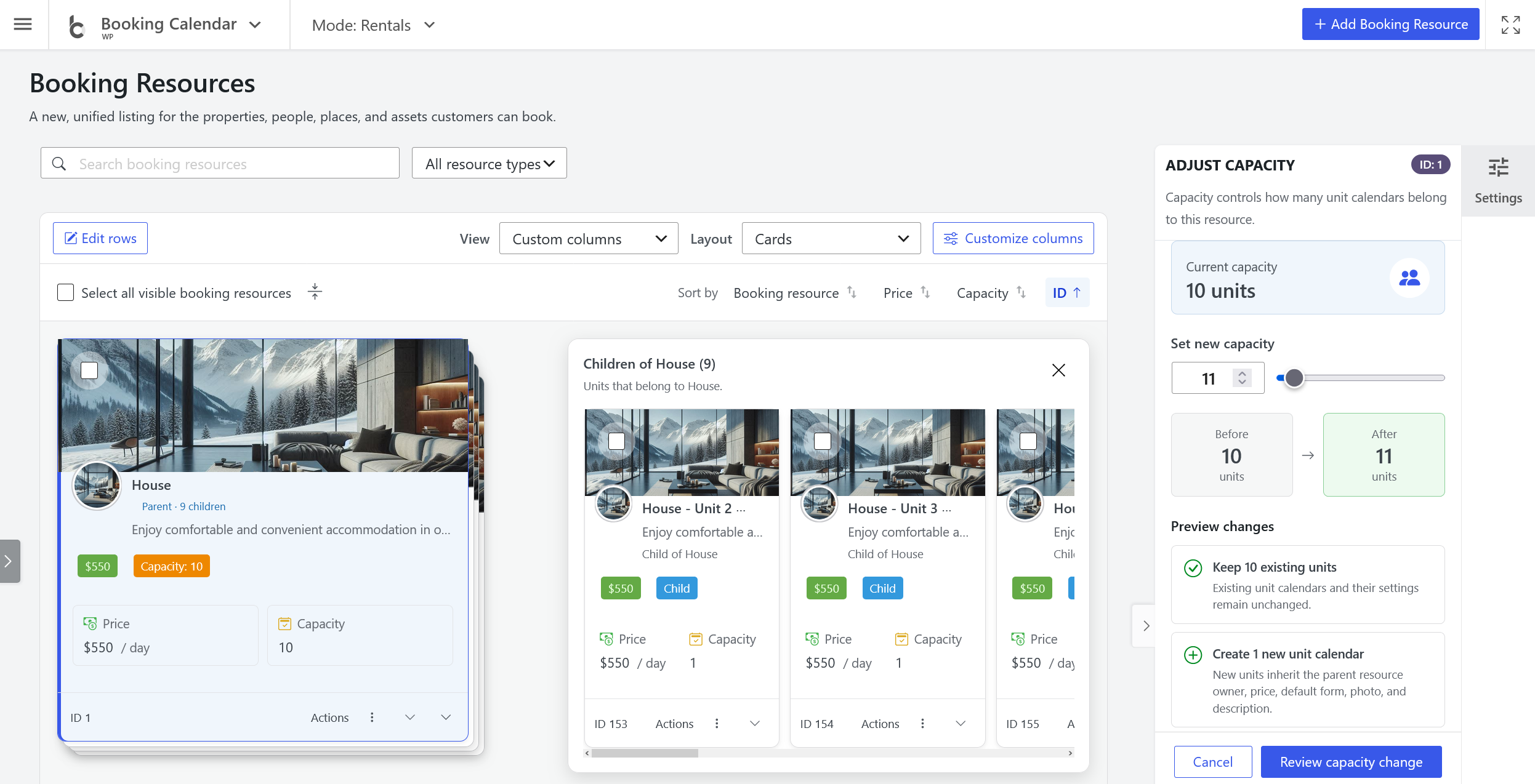Adjust capacity Inspector showing before and after capacity, child creation, detachment, and deletion review choices.