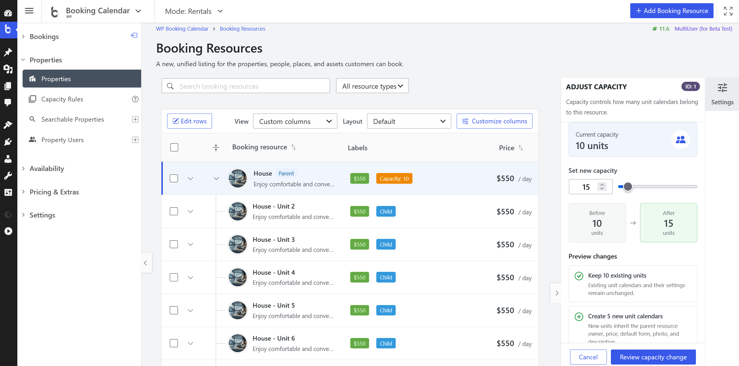 Parent Booking Resource with expanded child Resources, tree connectors, and expand or collapse controls.