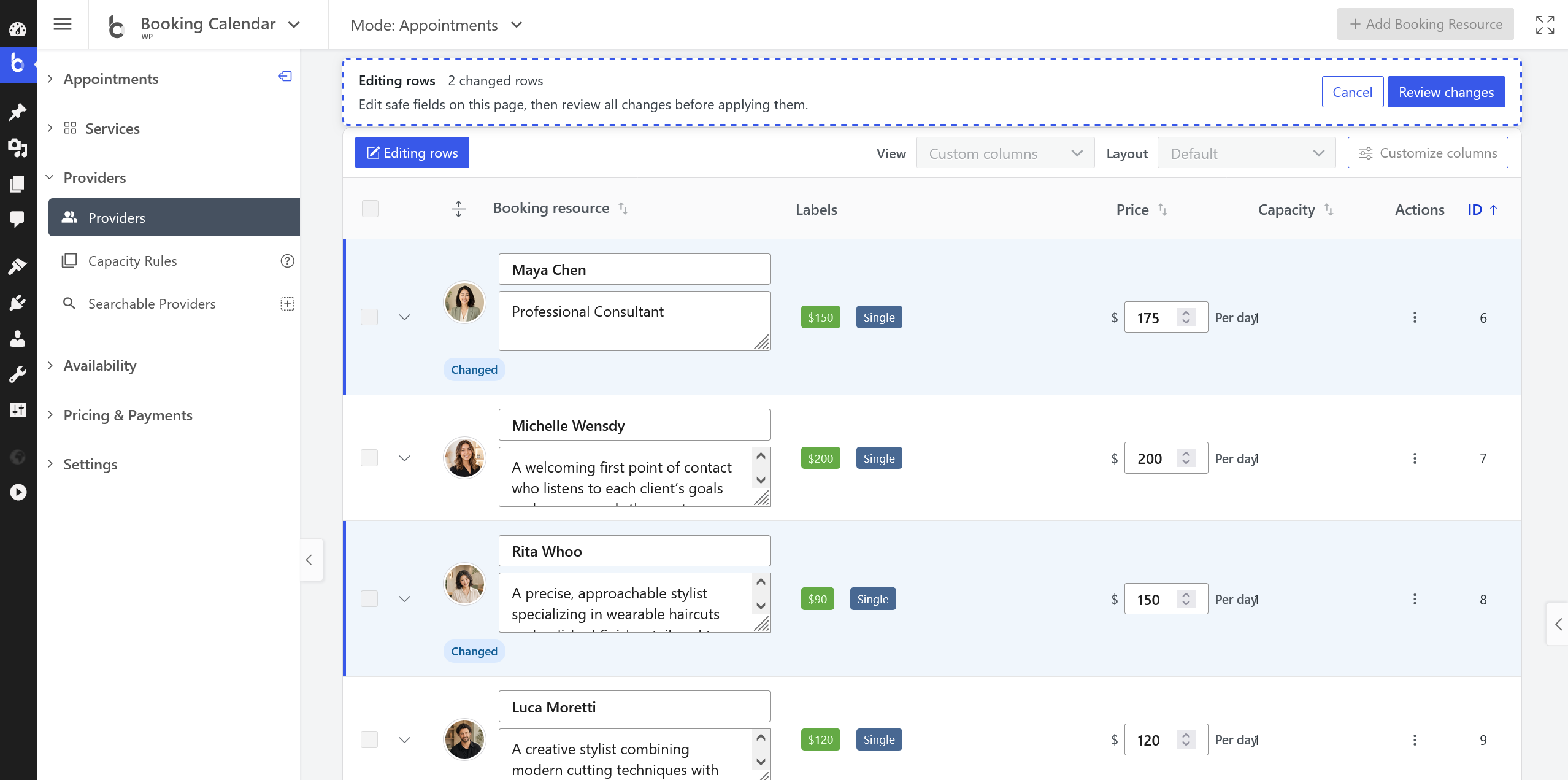 Booking Resources inline editing mode with changed row badges, sticky editing summary, and review Inspector.