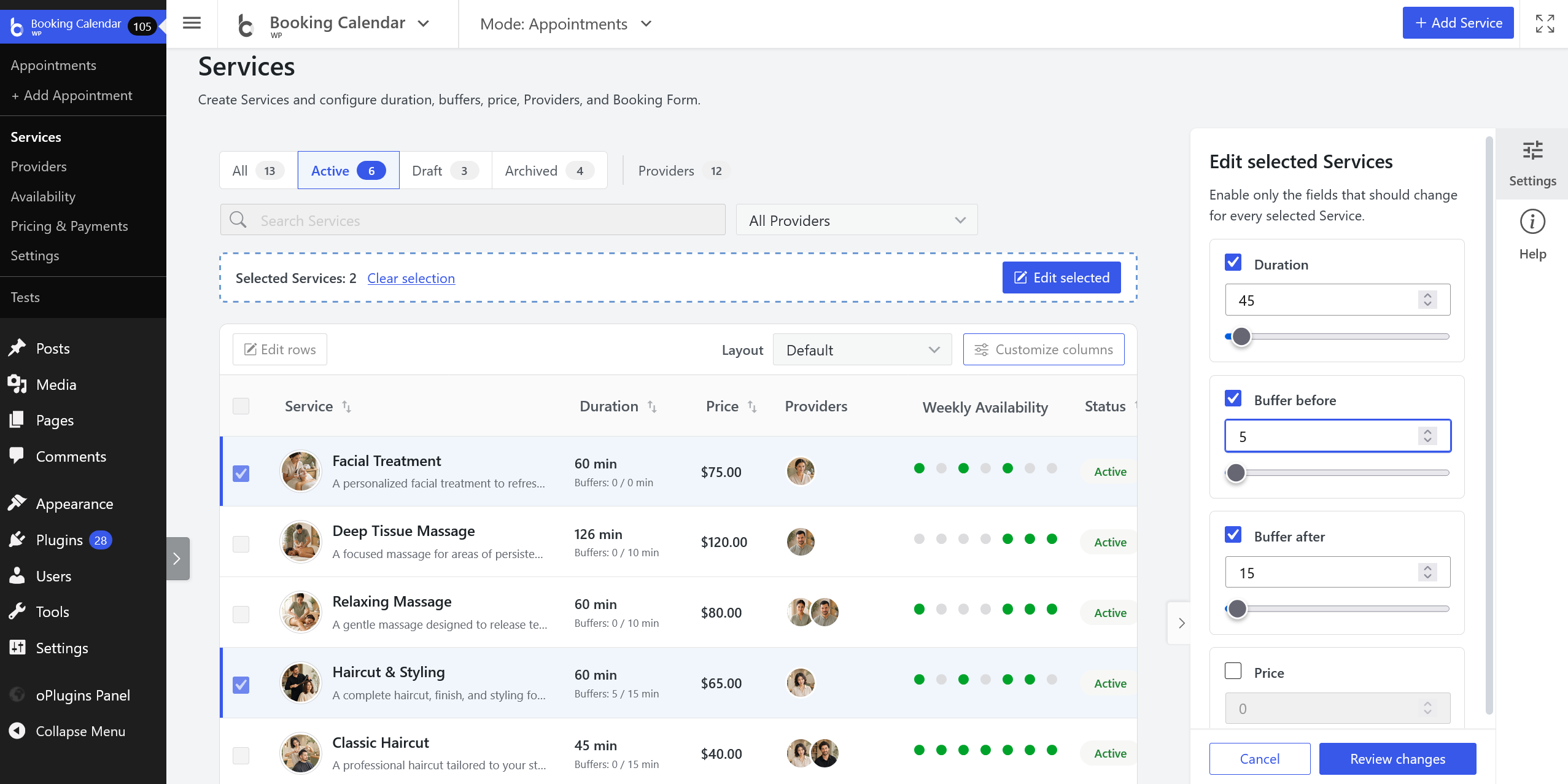 Services catalog layouts and editing tools