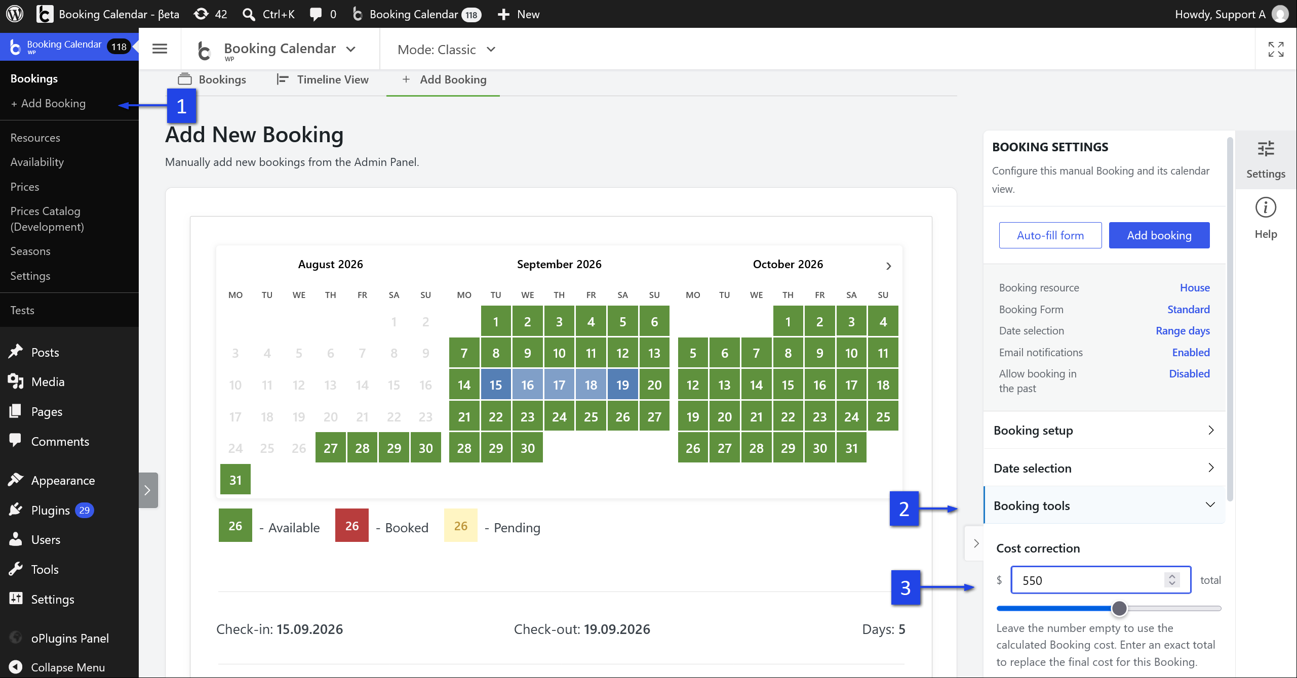 Add Booking inspector showing the Cost correction number and slider controls