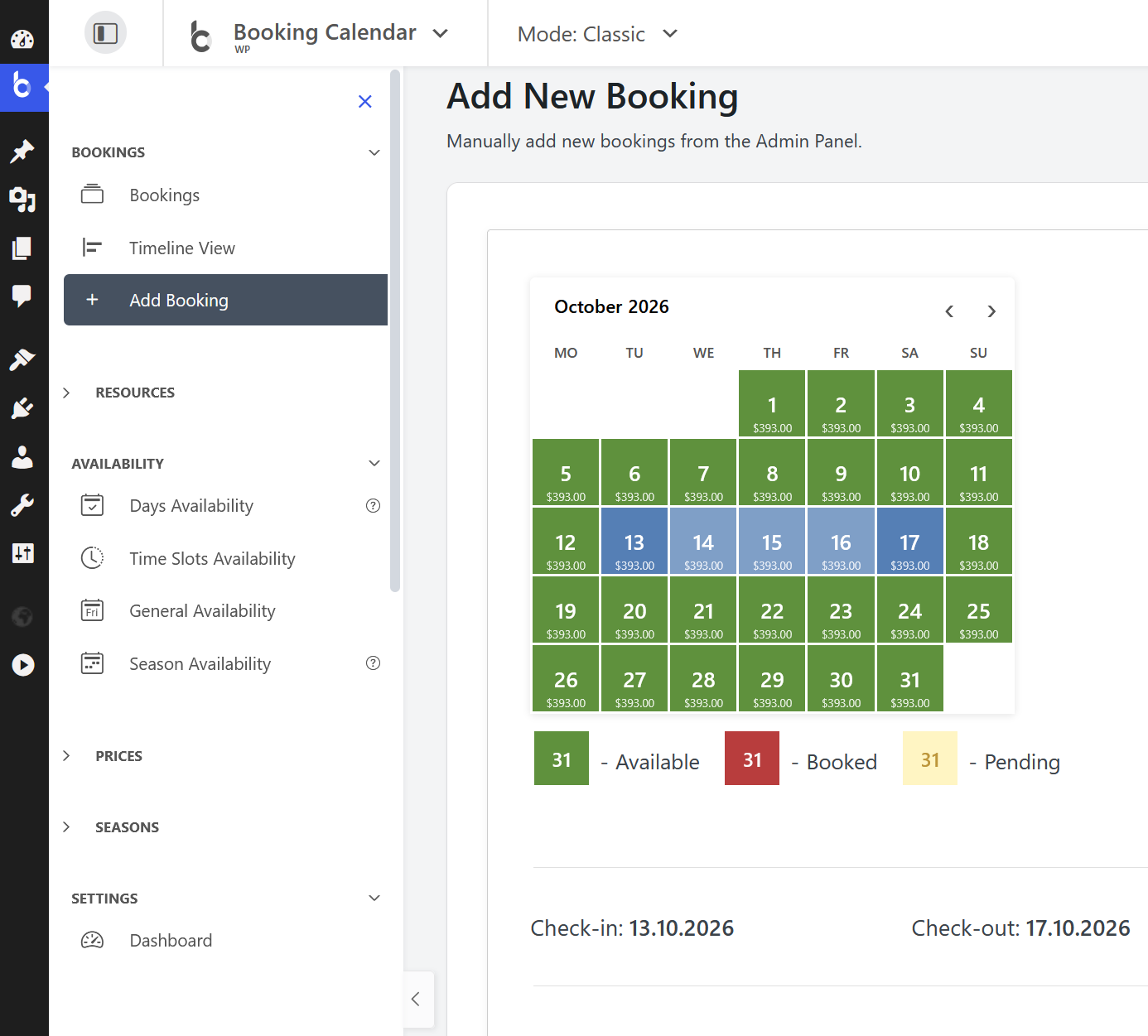 Booking Calendar administration showing the grouped left sidebar navigation and selected page