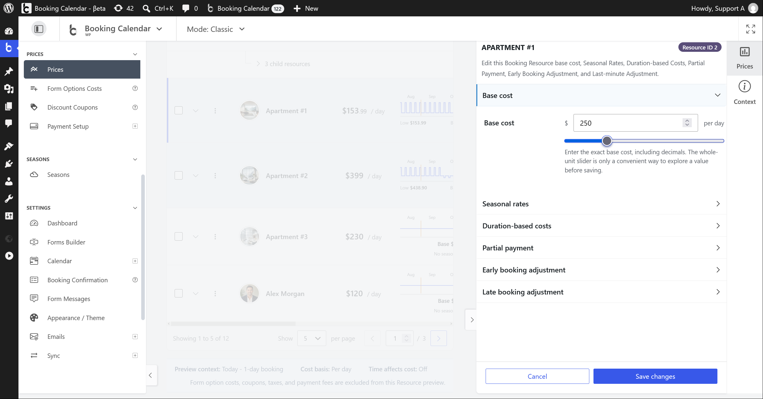 Prices inspector showing the Base Cost editor with a decimal amount and synchronized slider