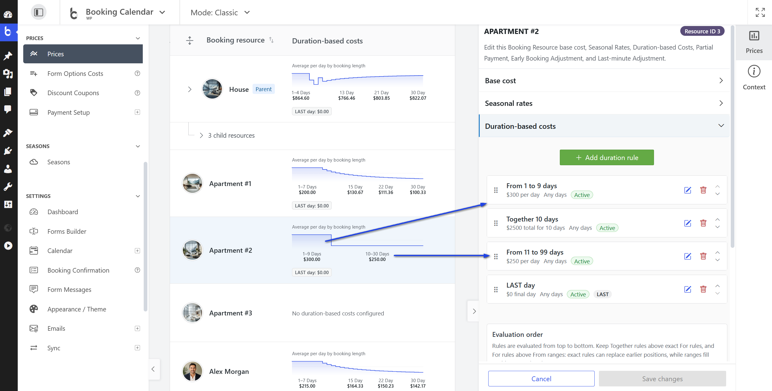 Prices inspector showing ordered Duration-Based Cost rules and a separate LAST-day value