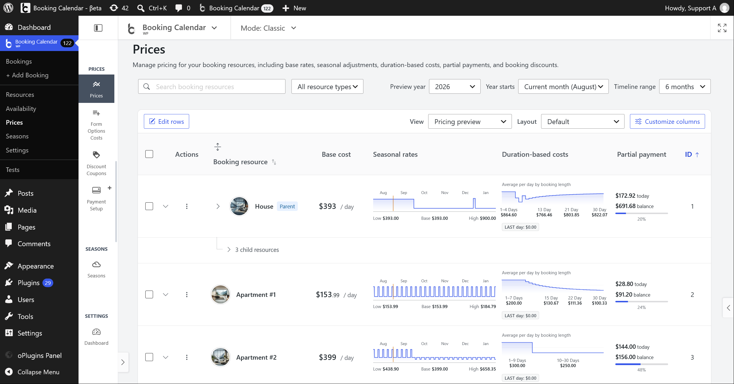 Prices Catalog showing Resource pricing summaries, previews, filters, layouts, and the right-side inspector