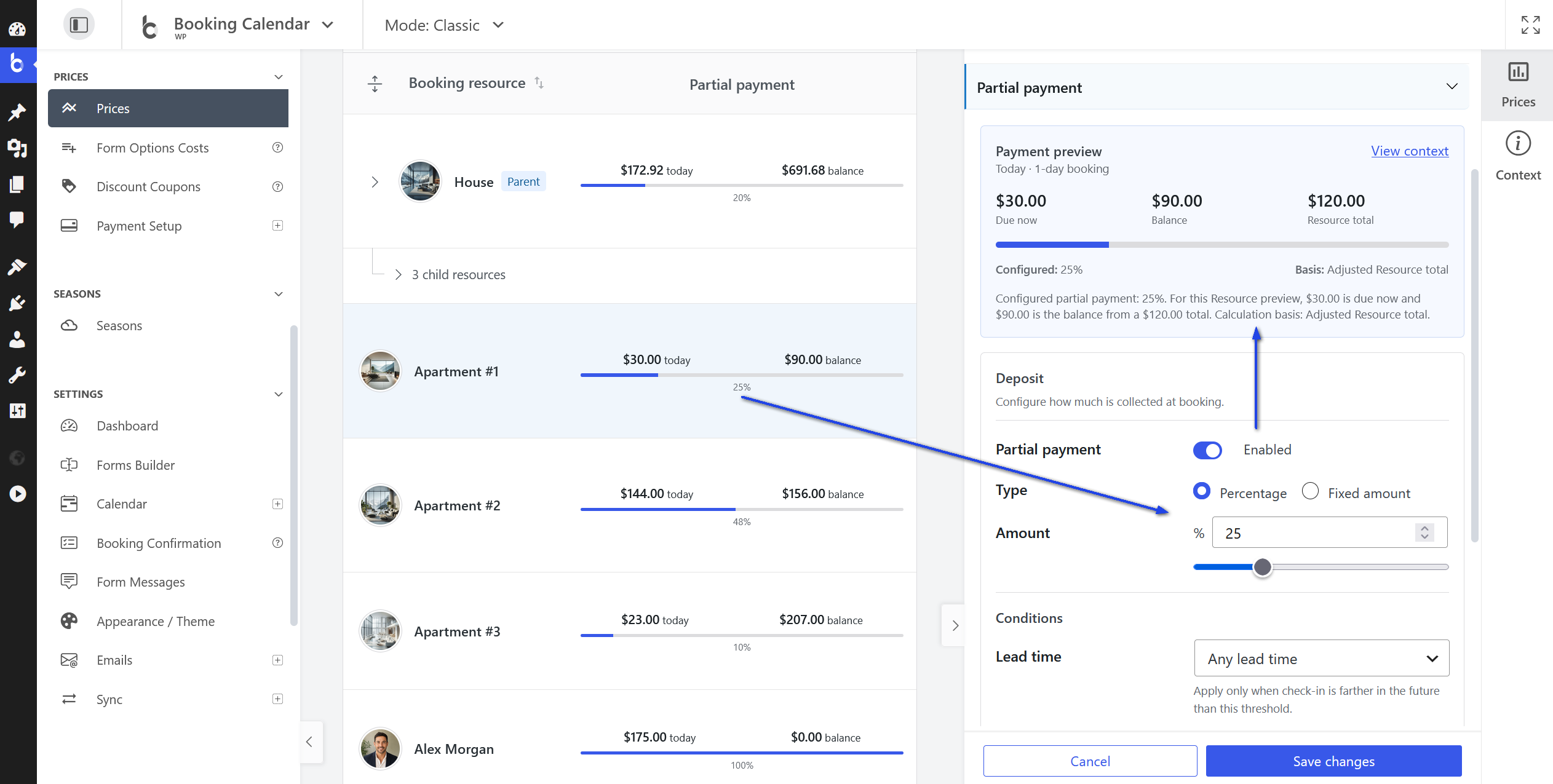 Prices inspector showing a Partial Payment preview with due-now and balance amounts