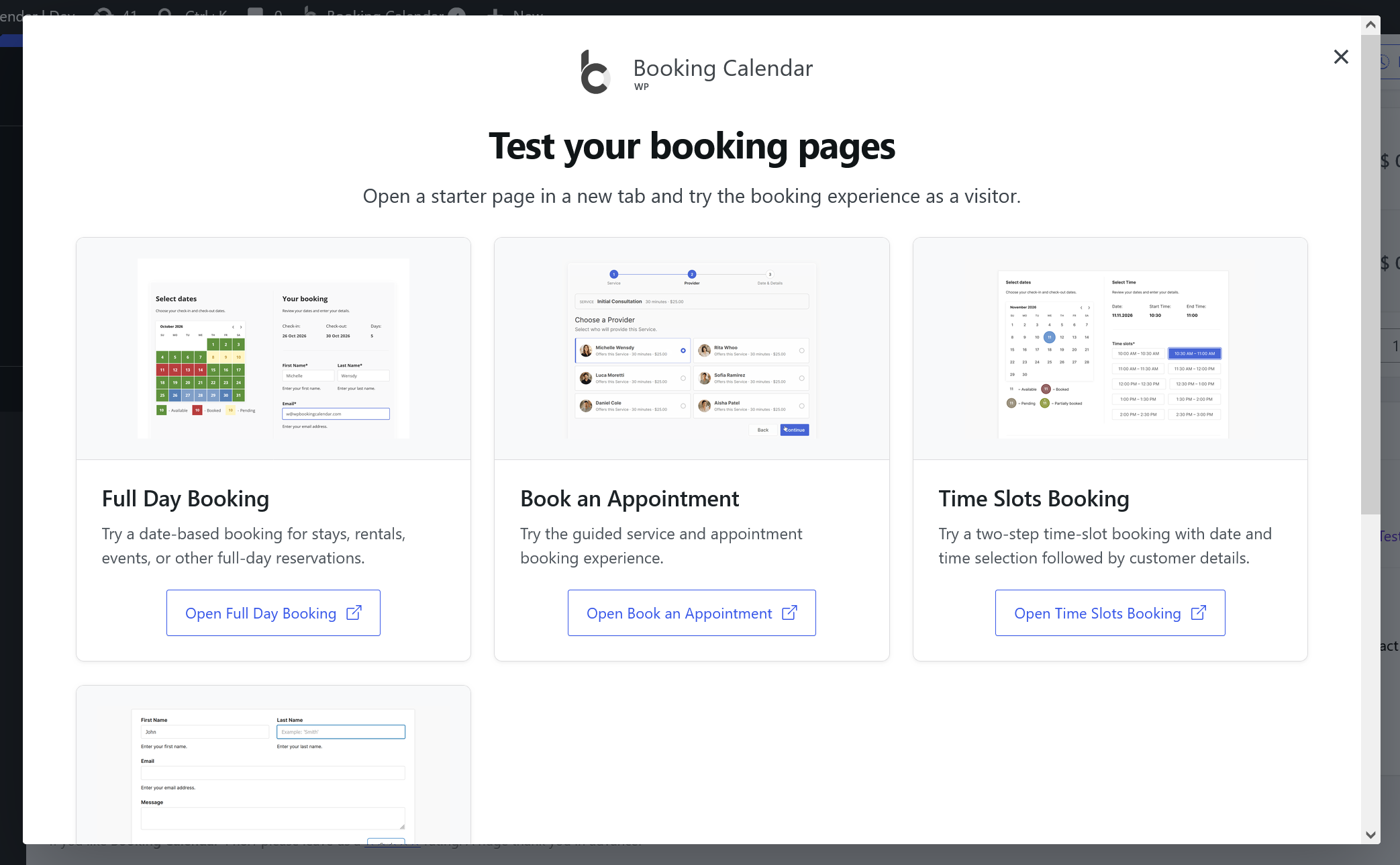 First-run starter booking pages invitation with public-page links