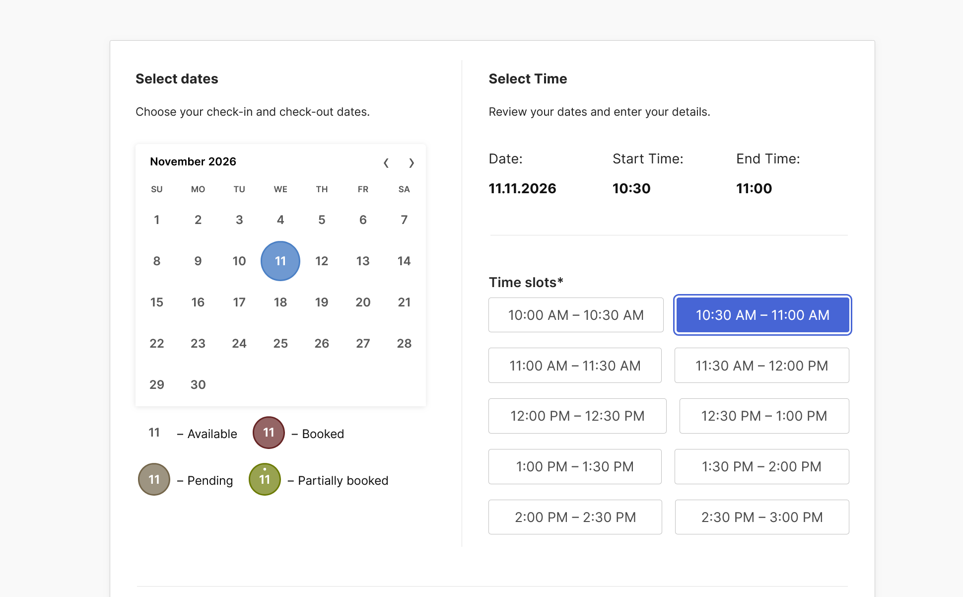 Two-column time-slot booking form with a calendar and live date and time summary