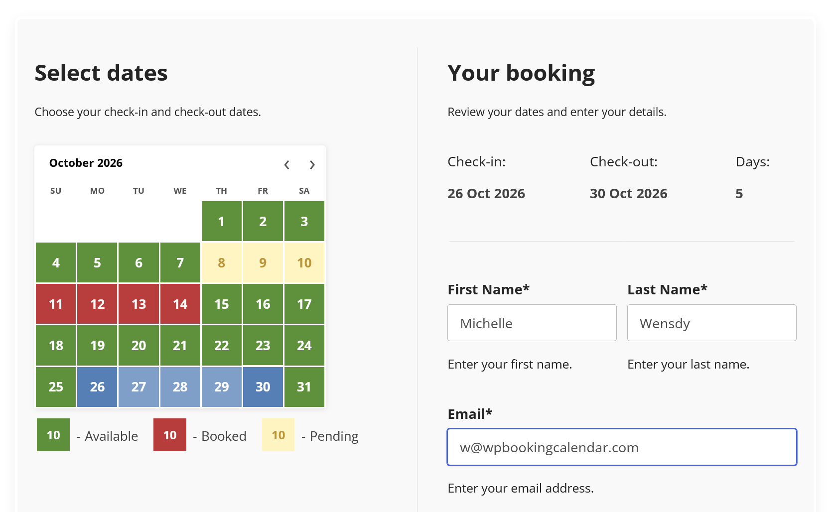 Two-column full-day booking form with a calendar, date summary, and customer details