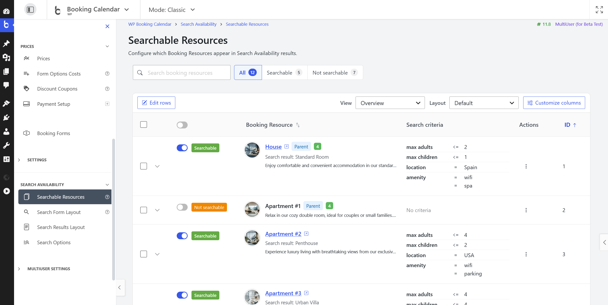 Searchable Resources Catalog with status filters, presentation columns, and Resource editing controls