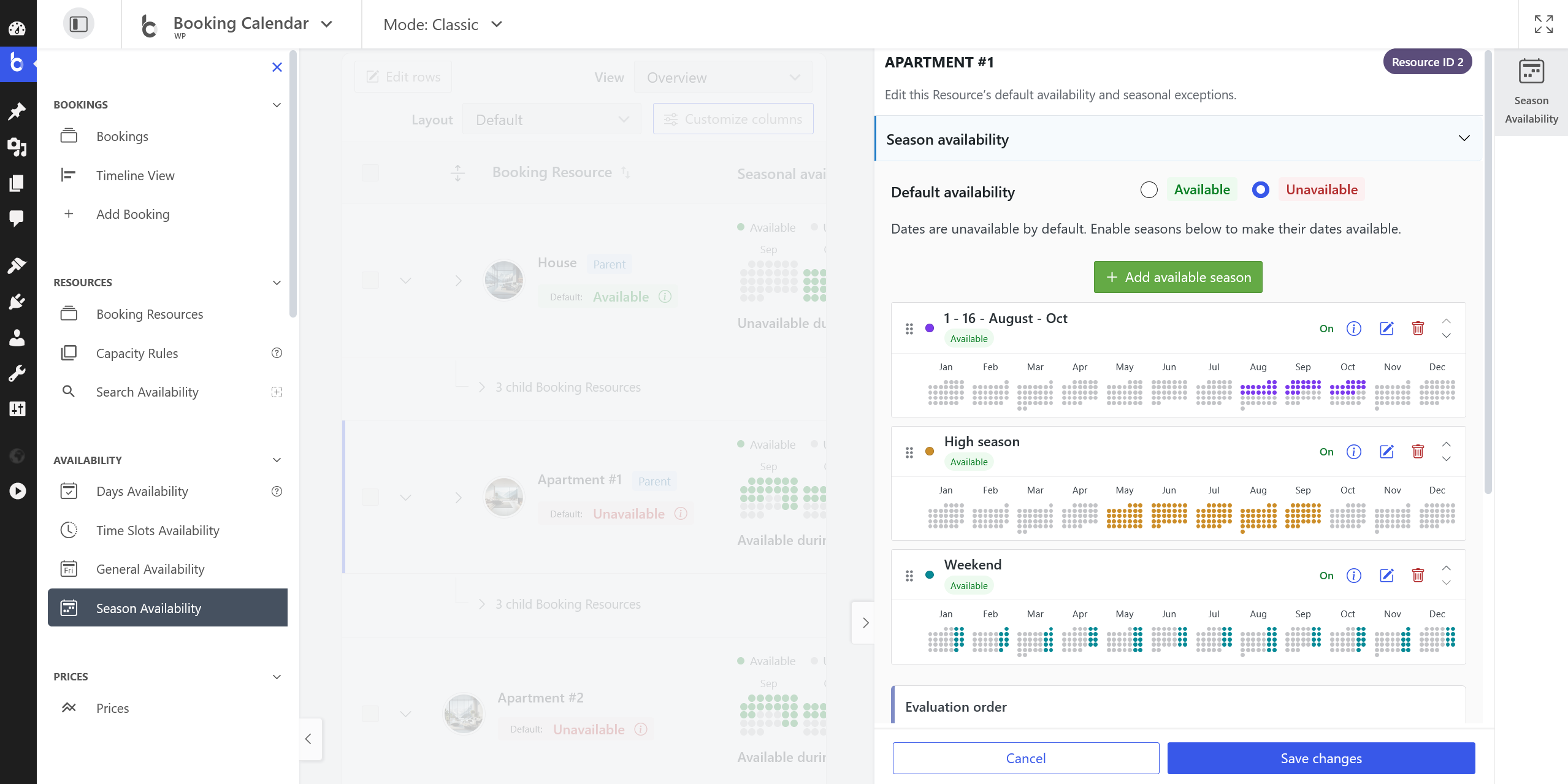 Seasonal Availability inspector showing default availability, ordered Season exceptions and a selected Season date preview