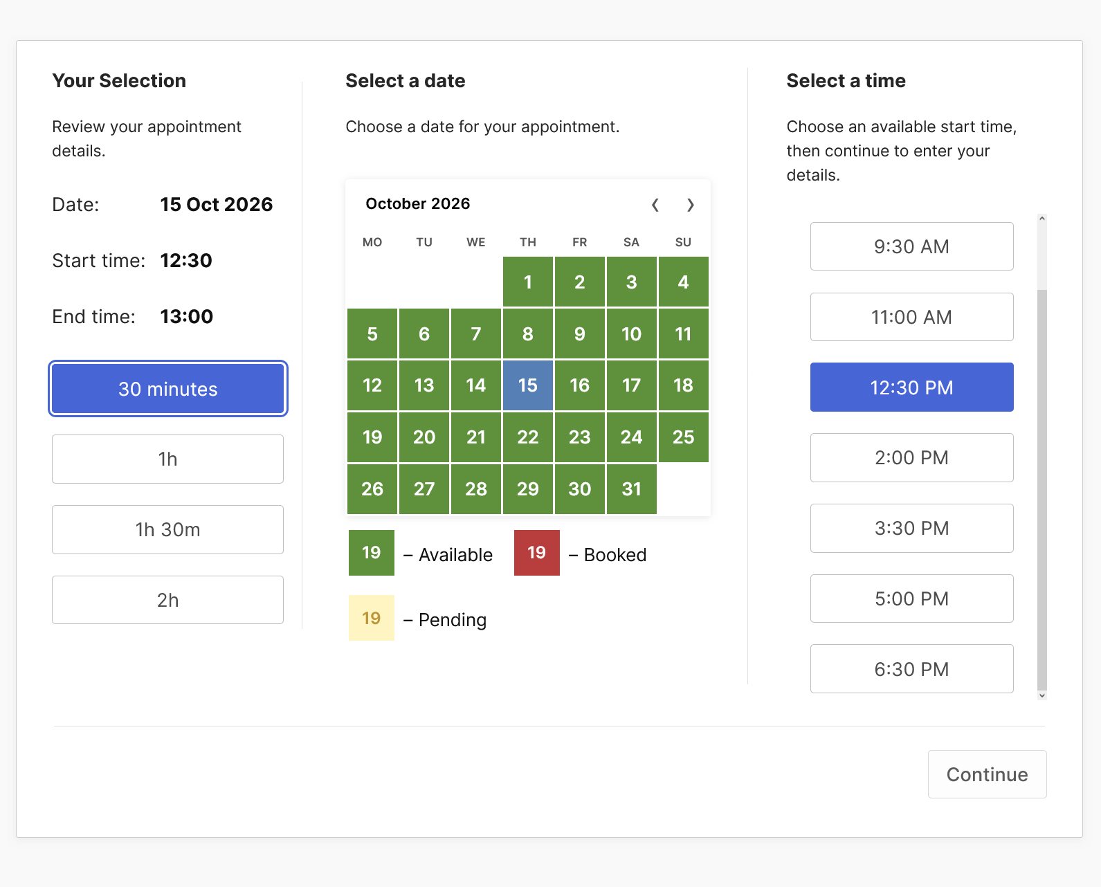 Appointment Services booking form with a live selection summary, calendar, duration, and start-time choices