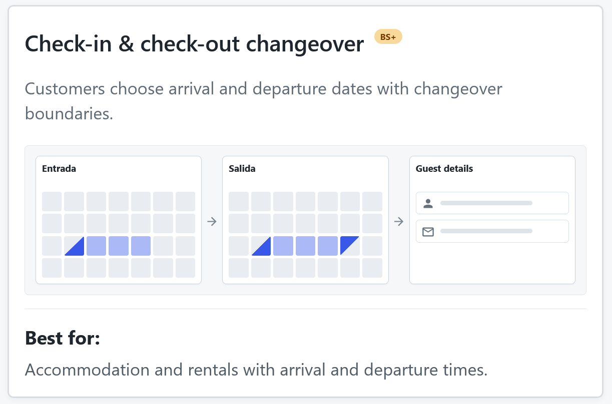 Calendar showing arrival and departure boundaries for a Check-in and check-out changeover booking