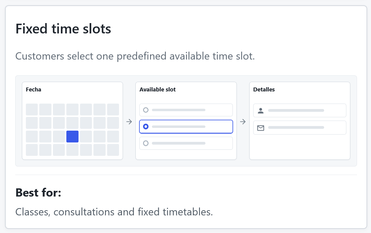 Calendar and predefined appointment choices for a Fixed time slots booking