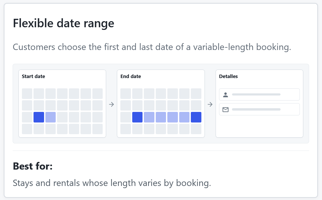 Calendar with the first and last date selected for a Flexible date range booking