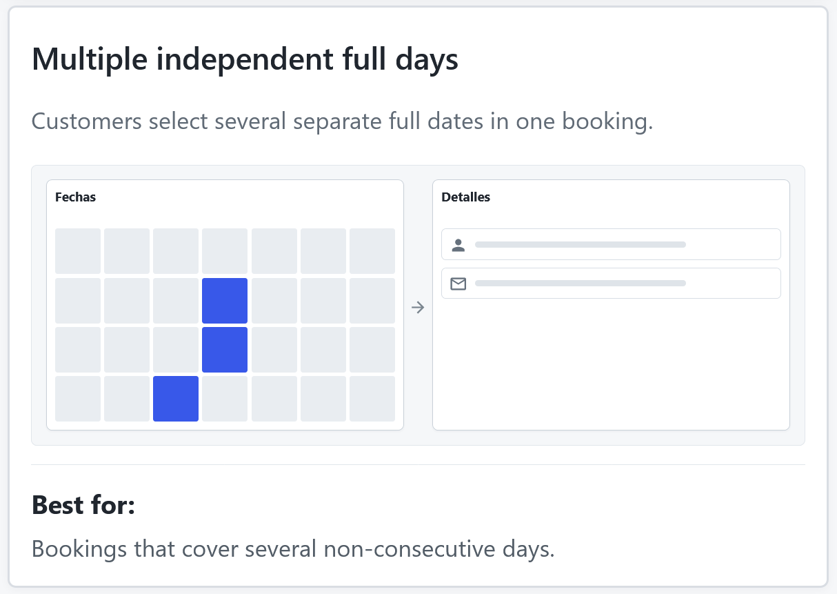 Calendar with several separate dates selected for a Multiple independent full days booking