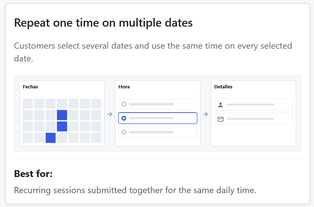 Calendar with multiple dates sharing one selected time for a repeated-time booking