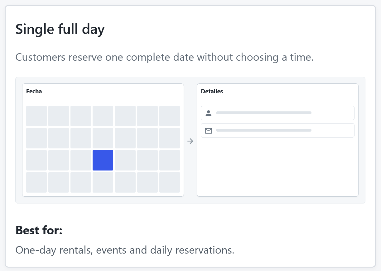 Calendar with one complete date selected for a Single full day booking