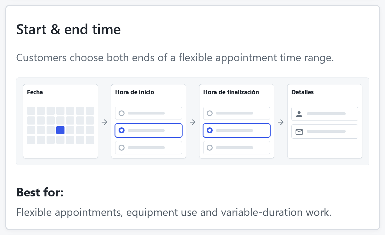 Calendar with separate start and end choices for a Start and end time booking