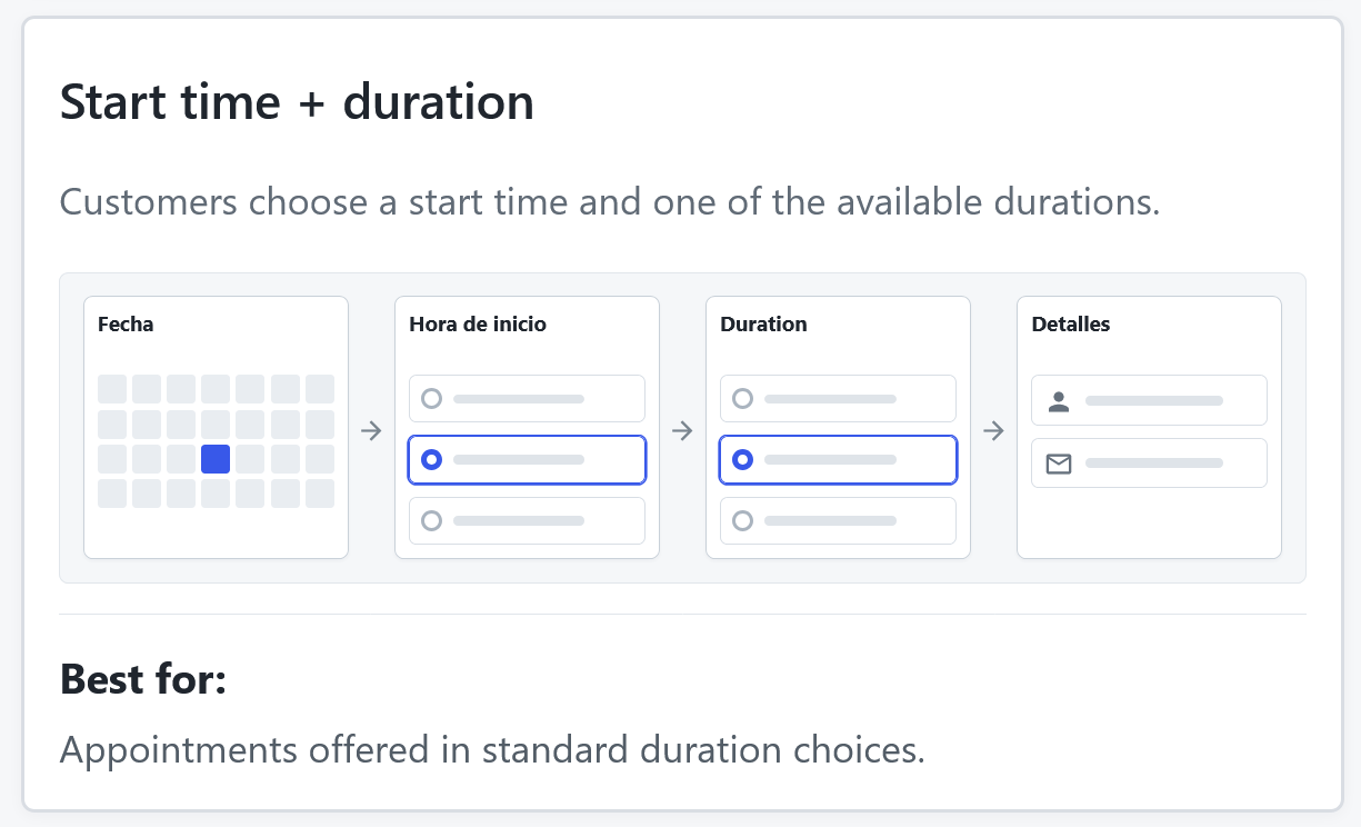 Calendar with start-time and duration choices for a Start time and duration booking