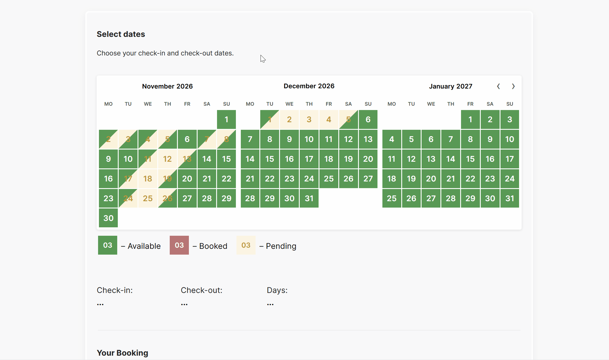 Booking calendar highlighting the valid date range that contains the pointed date