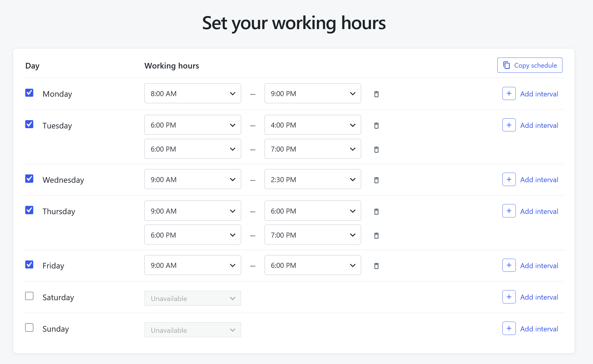Schedule and Rules Working Time editor showing two non-overlapping intervals for one weekday with Add interval and remove actions