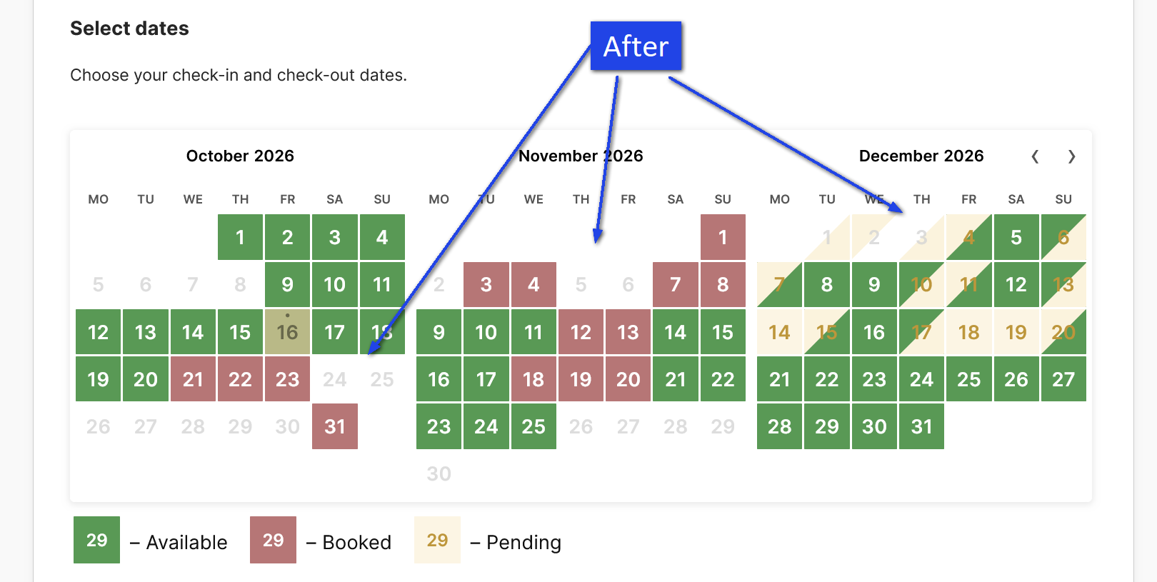 Booking calendar after enabling Unbookable date gaps, with the same impossible opening shown as unavailable