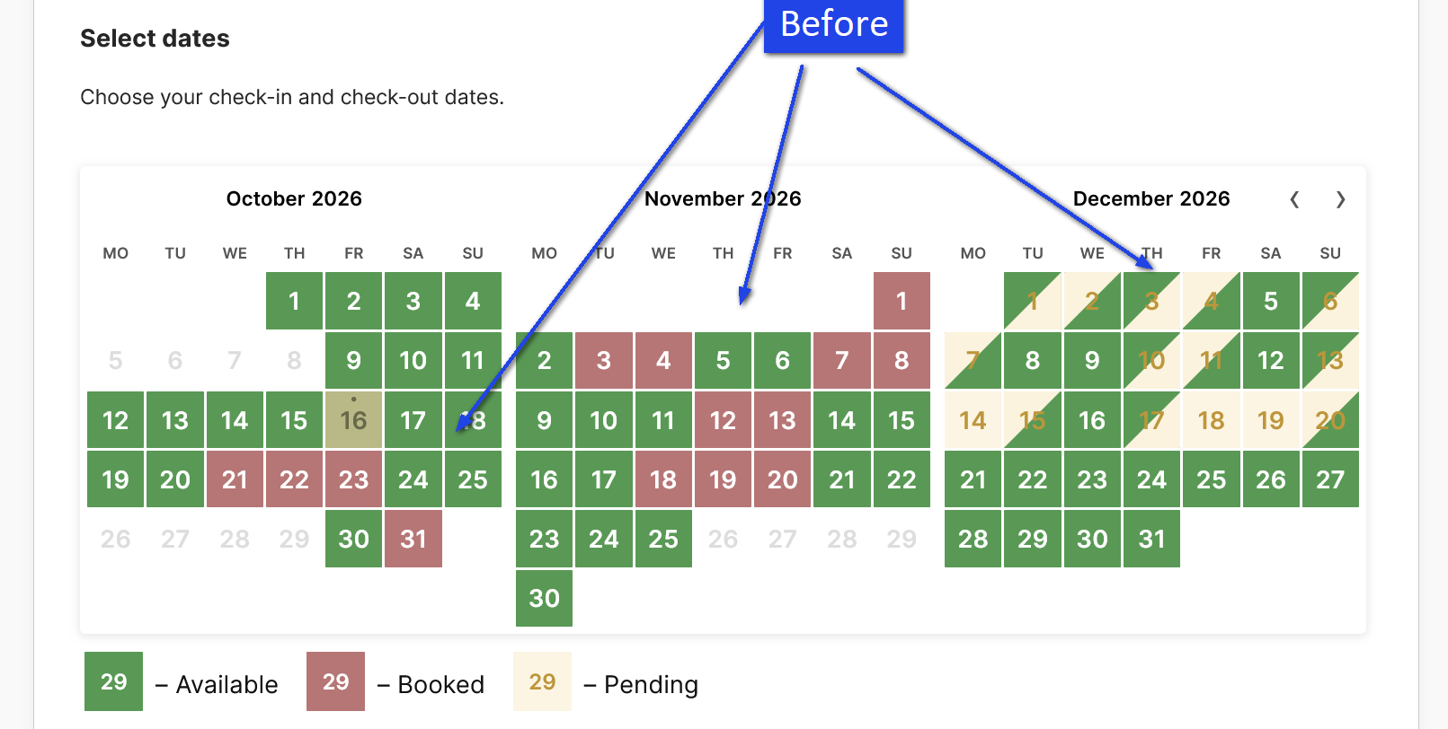 Booking calendar before enabling Unbookable date gaps, with a short bounded opening still shown as selectable