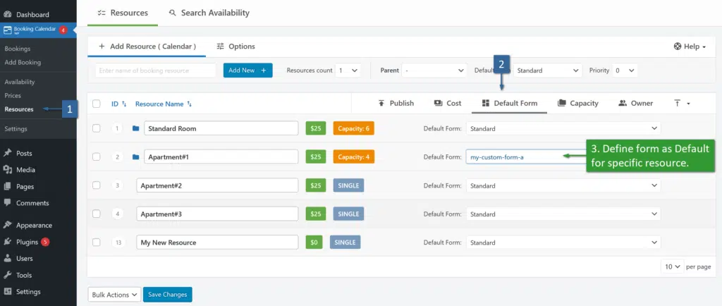 Define Custom  booking form as default for specific booking resource (calendar). - WP Booking Calendar.