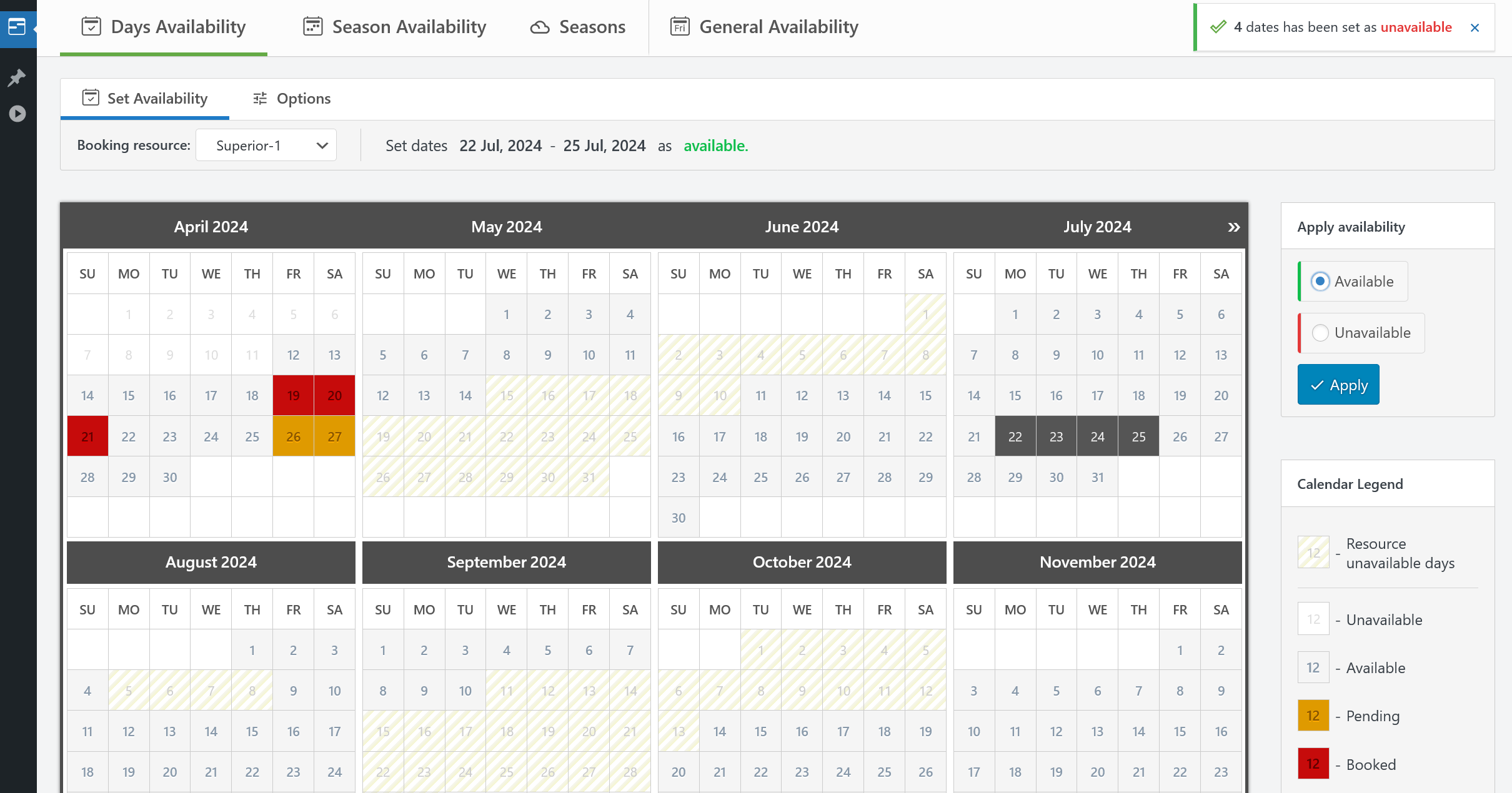 Booking Calendar - Booking Admin Panel  - Setup Availability