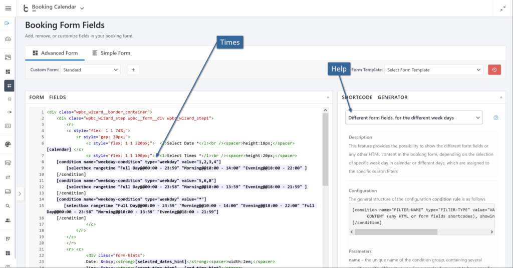 Booking form fields configuration