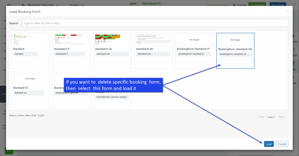 Load the specific custom booking form you want to delete