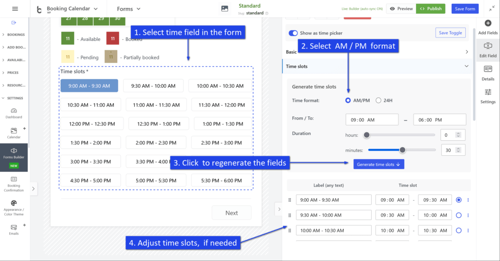 How to configure AM PM time slots in Booking Calendar Form Builder