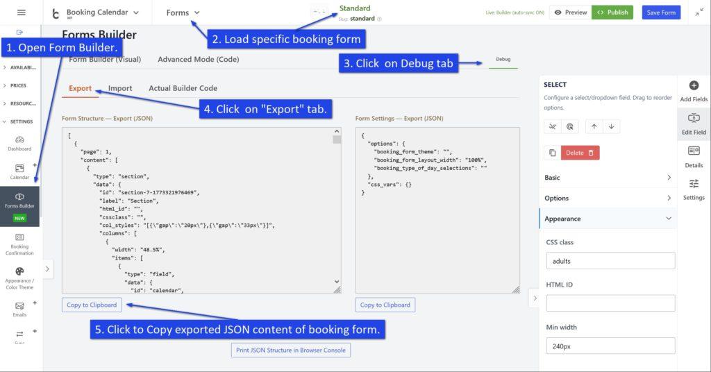 How to export Booking Calendar Form via JSON code.