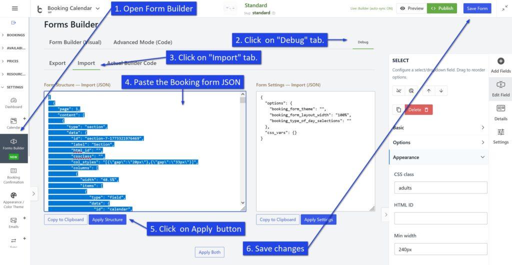 How to import Booking Calendar Form via JSON code.