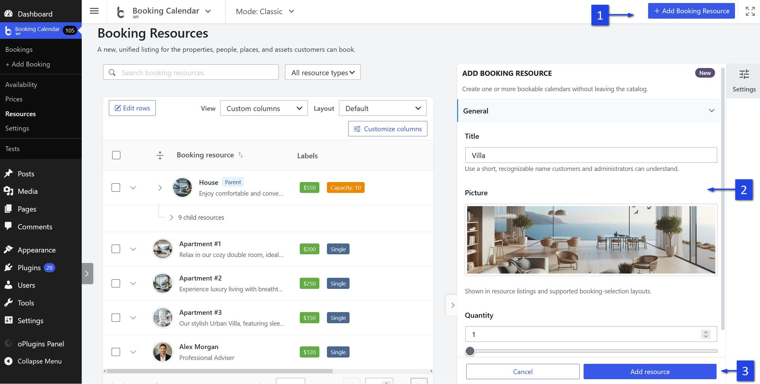 Add Booking Resource Inspector showing General, Resources to create, and Booking setup sections.