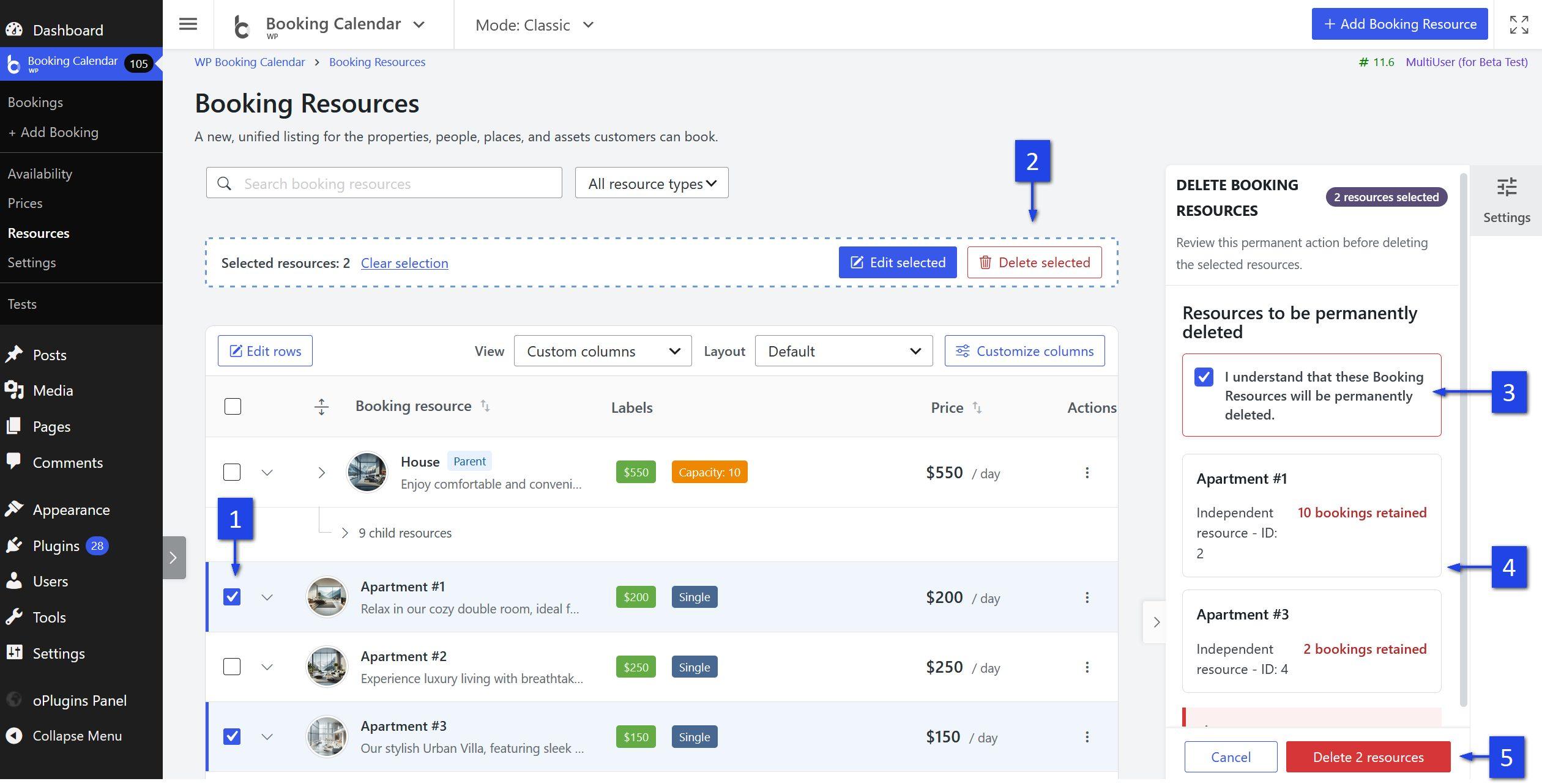 Booking Resource delete Inspector showing selected Resources, booking warnings, acknowledgement, and destructive action.
