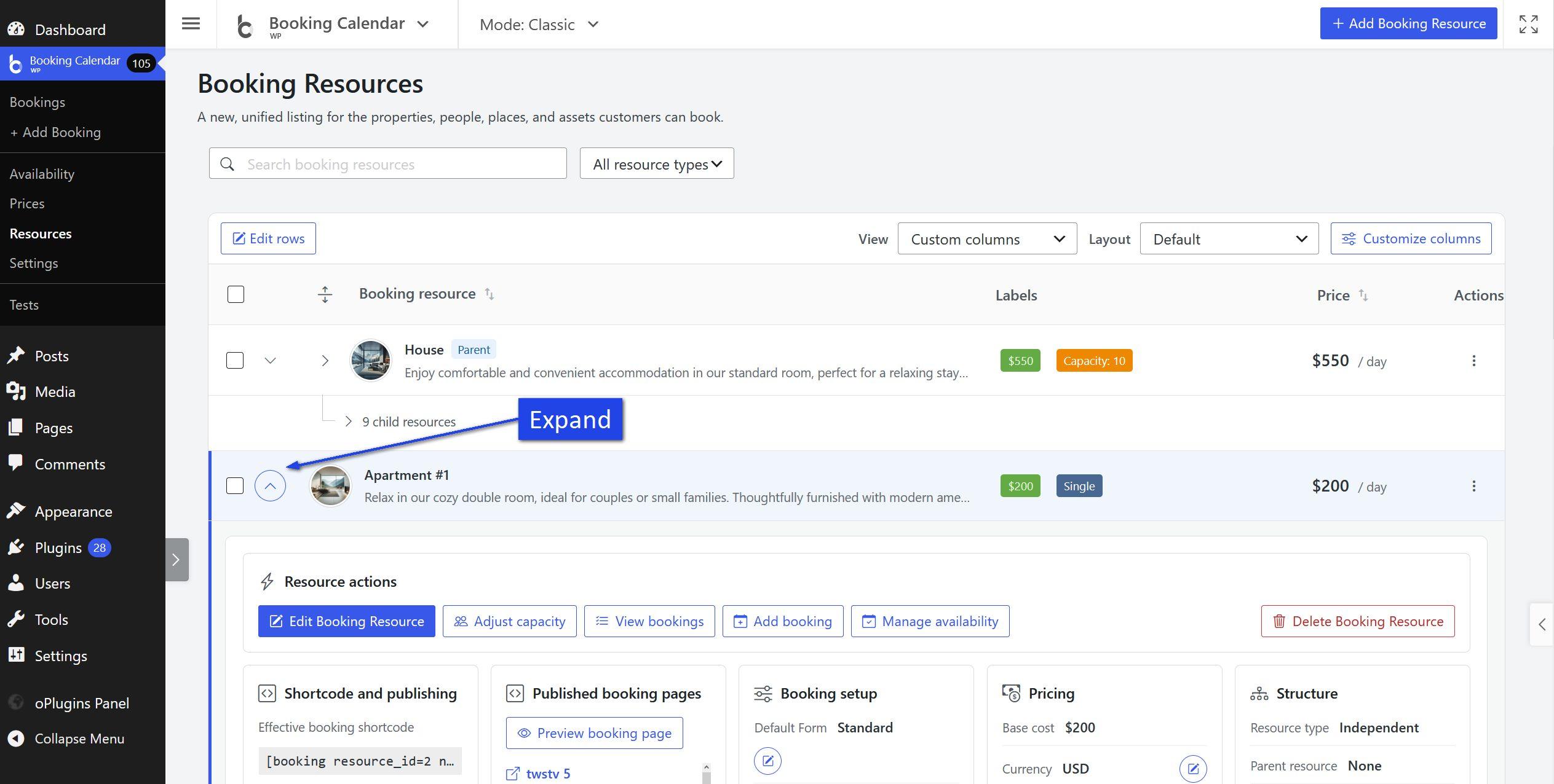 Expanded Booking Resource details showing Resource actions, publishing, setup, pricing, structure, availability, and ownership cards.