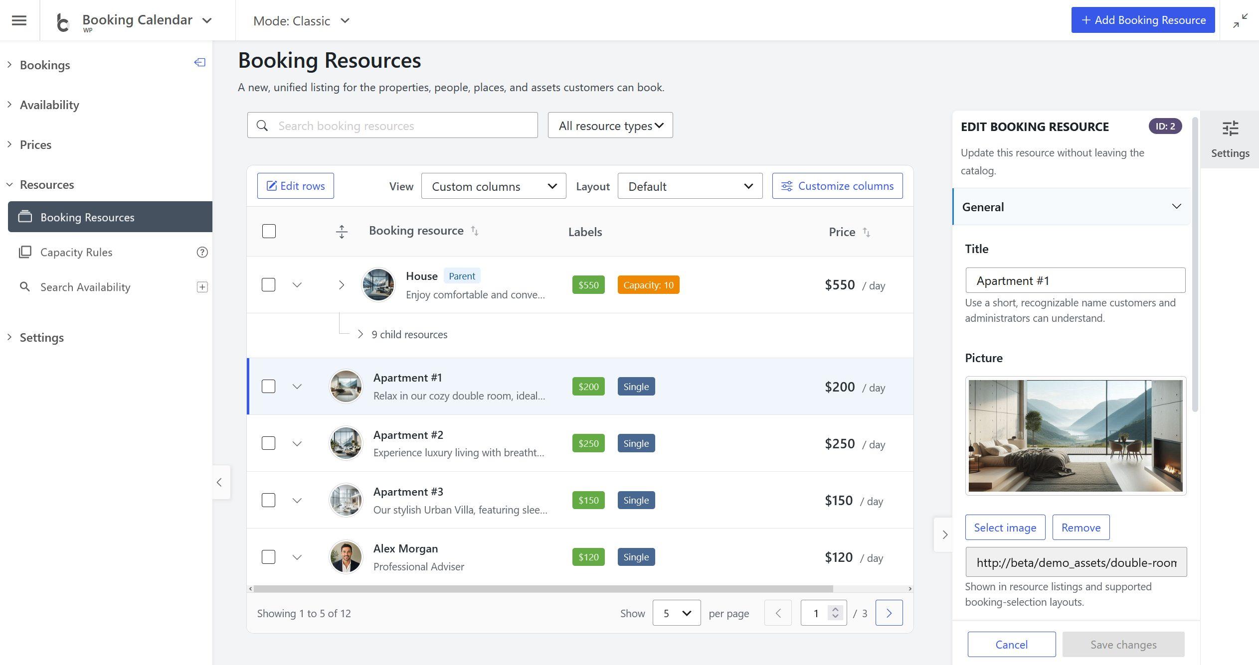 Booking Resources page overview showing the search controls, catalog toolbar, Resource list, and pagination footer.